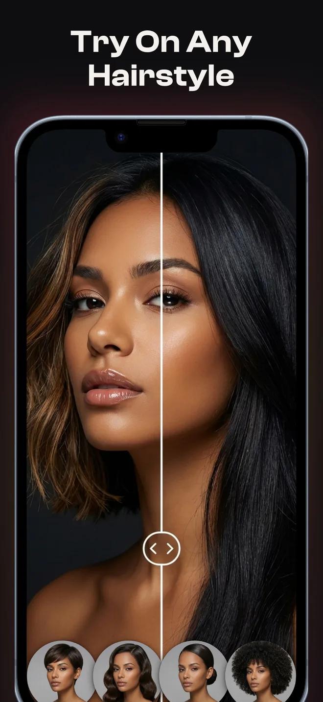 HaircutAI try-on: the same woman before and after a new hairstyle