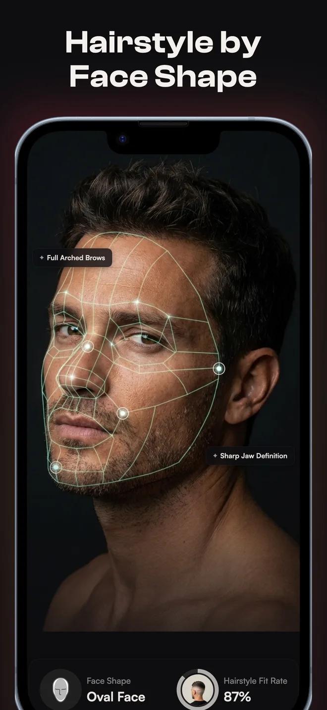 HaircutAI face shape analysis reading an oval face with an 87% fit rate