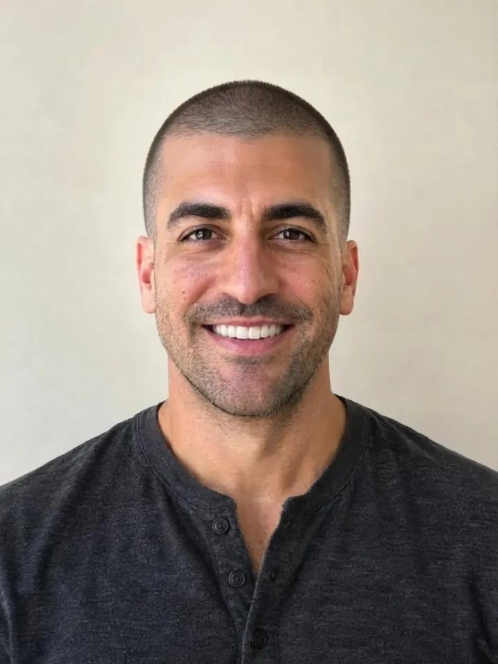 The same man with a buzz cut