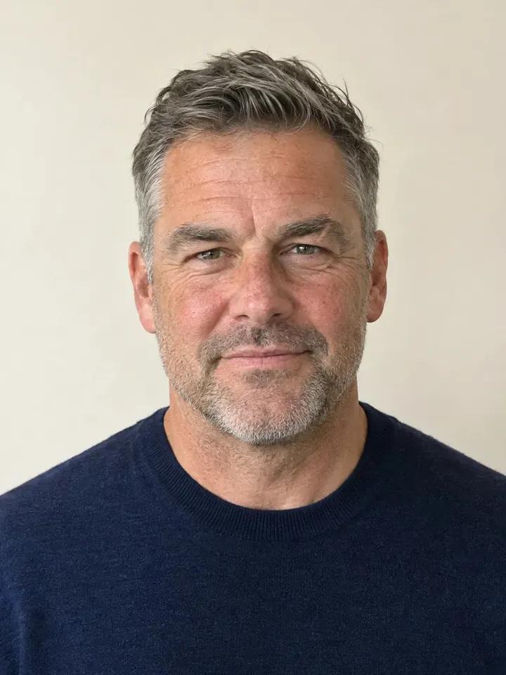 A man with short gray hair and stubble