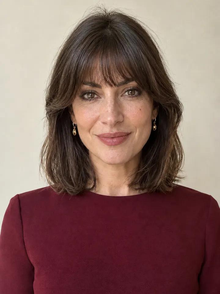 The same woman with full bangs, made by an AI hairstyle try-on