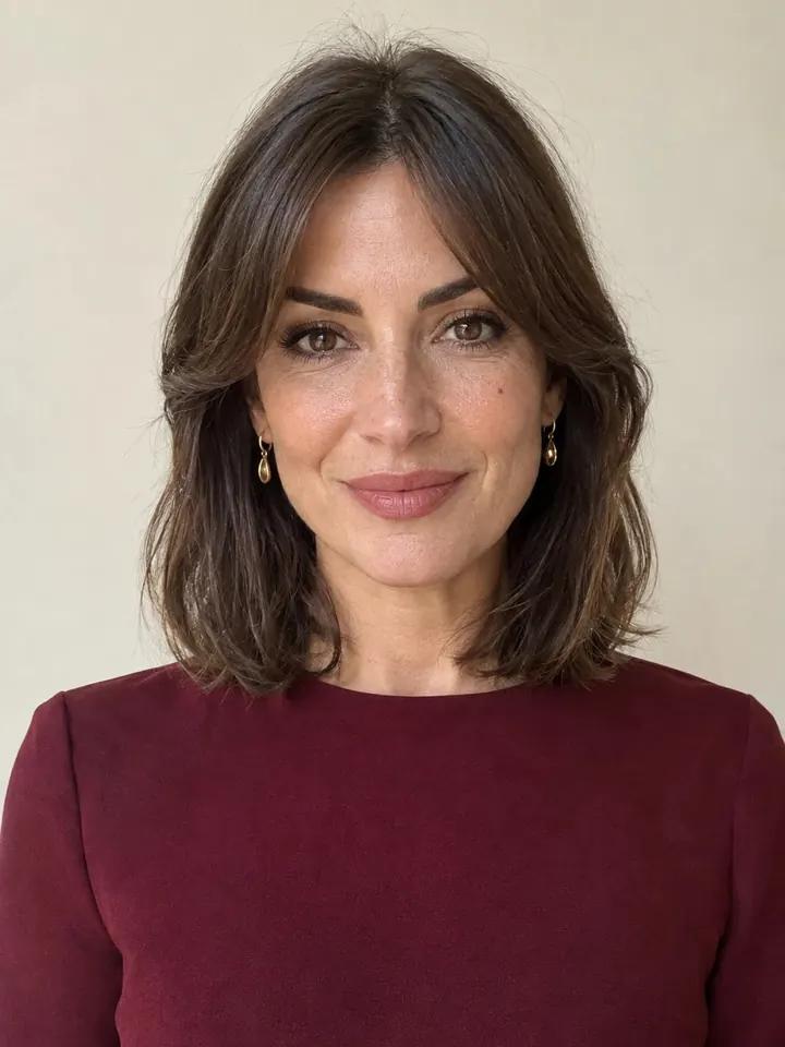 A woman in her forties with a brown shoulder-length cut and no bangs