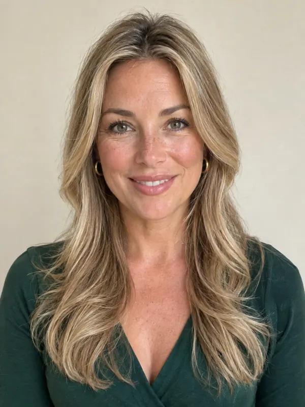A woman in her forties with long wavy blonde hair