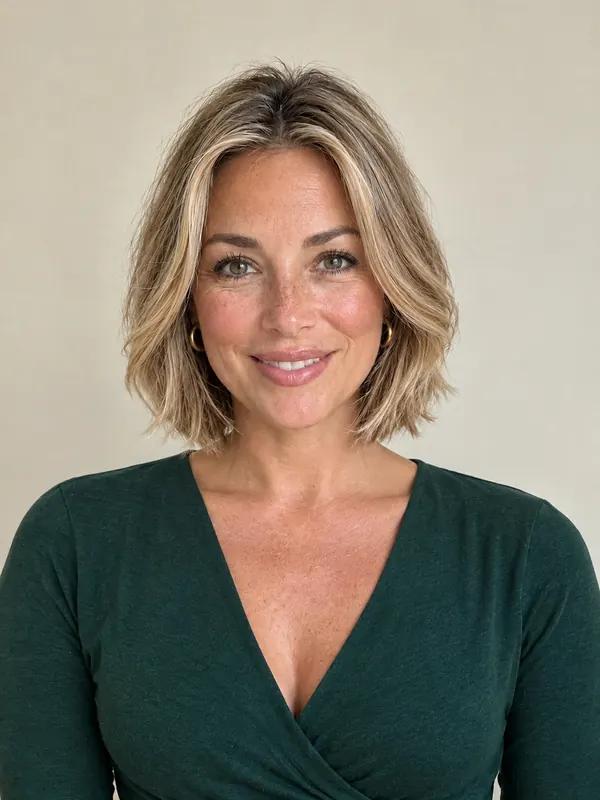 The same woman with a layered bob, made by an AI hairstyle try-on