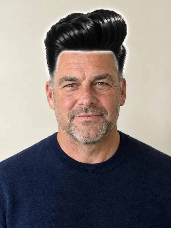 A man with a fake-looking black quiff pasted on his head: a hard cut-out edge, a halo and the wrong color