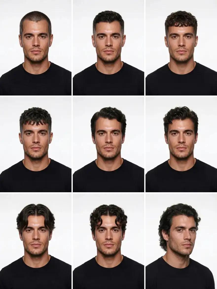 The same man in nine haircuts: buzz cut, crew cut, French crop, textured crop, side part, quiff, middle part, curtains and bro flow