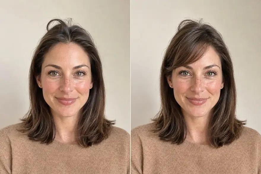 The same woman with a cowlick standing up at the front, and with side-swept bangs that lie flat