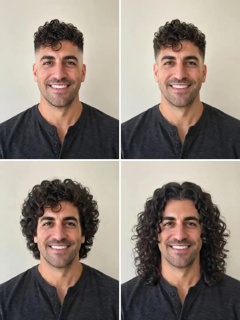 The same man with curly hair in a skin fade, a curly top taper, medium curls and long curls