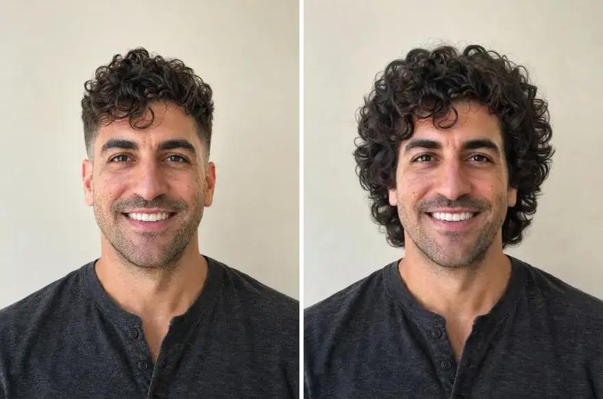 A man with curly hair, before and after medium curls tried on his photo
