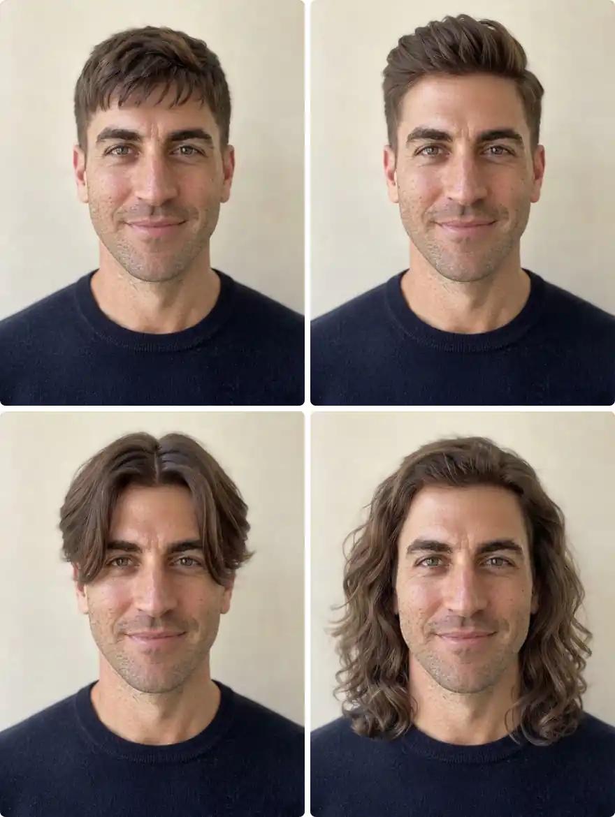 The same man in his thirties with a diamond face in a textured fringe, a modern pompadour, a middle part and long waves