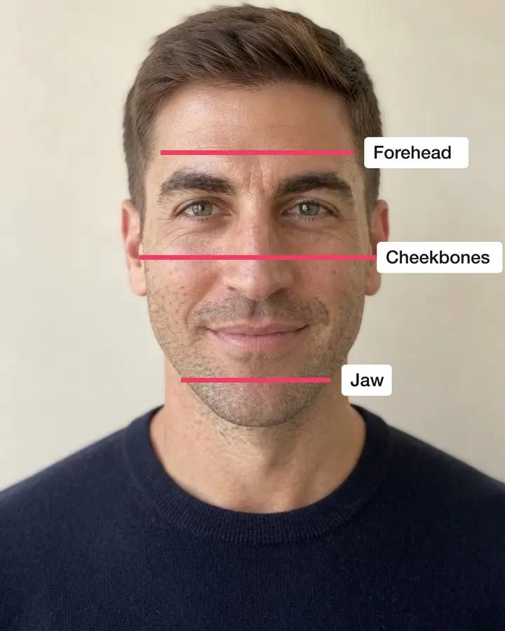 A man with a diamond face, lines across his forehead, cheekbones and jaw