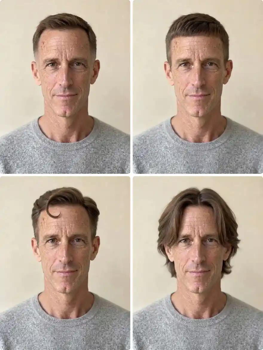 The same man in his forties with a long face in a taper fade, a French crop, comma hair and a middle part