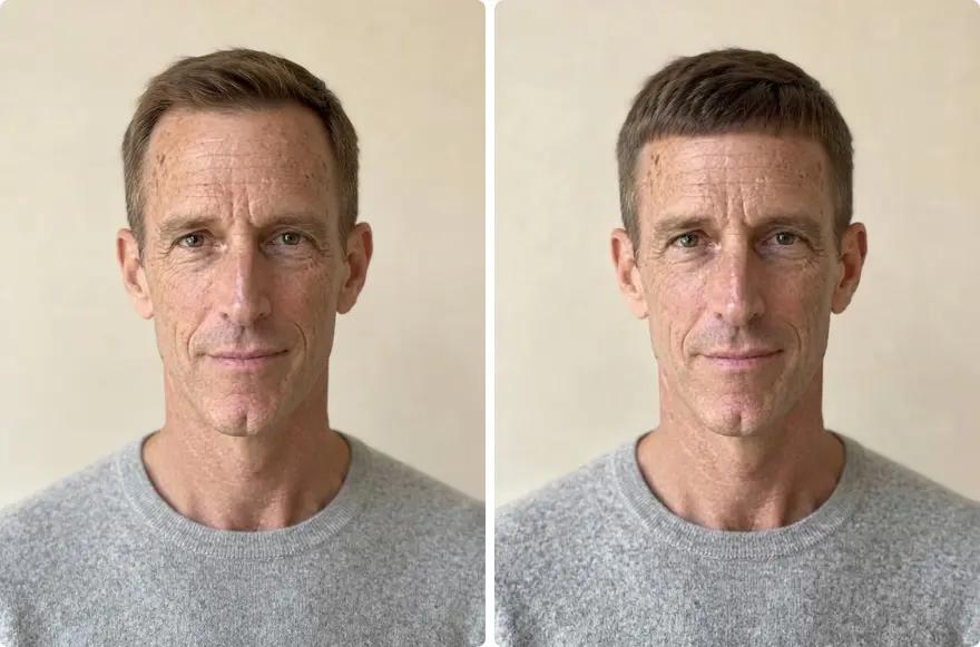 A man with a long face, before and after a French crop tried on his photo