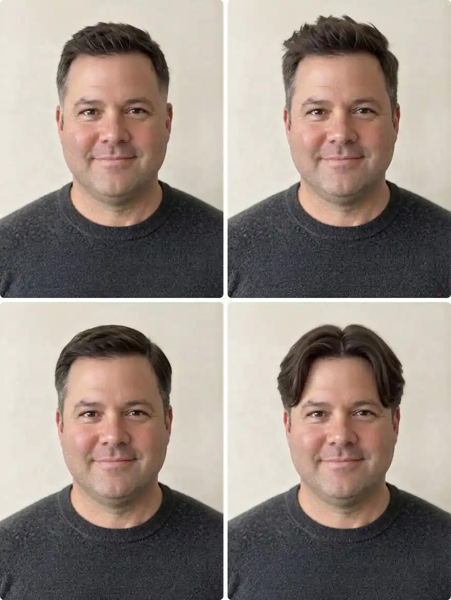 The same man in his forties with a round face in a crew cut, a textured quiff, a side part and curtain hair
