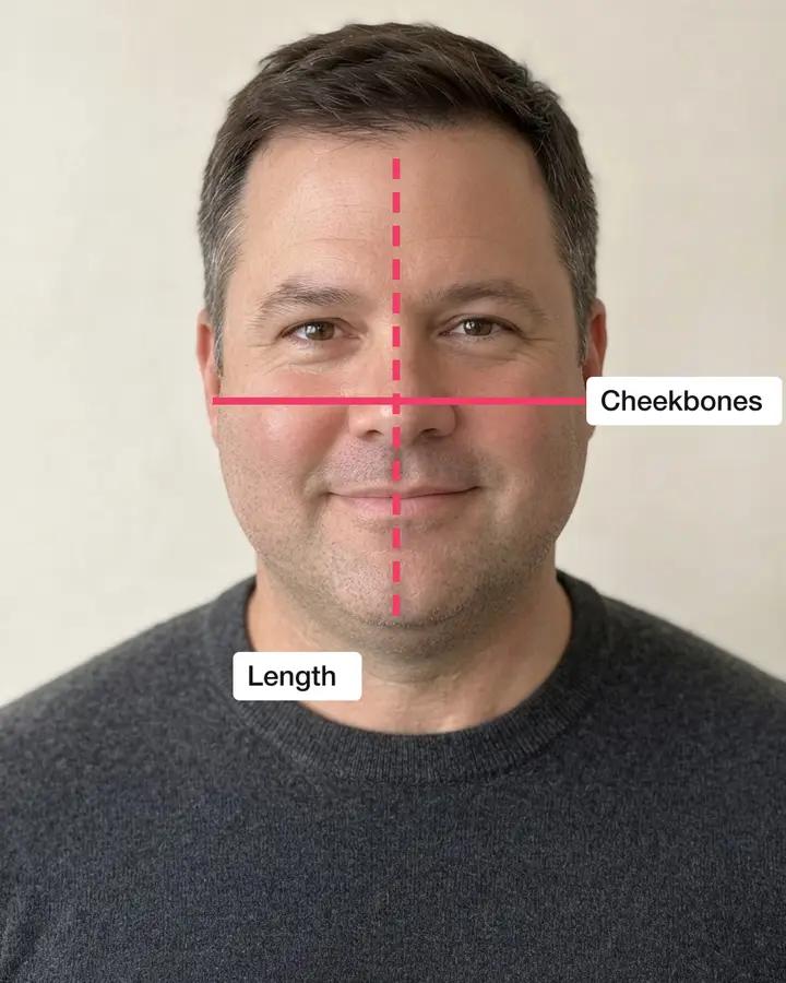 A man with a round face, a line across his cheekbones and one from hairline to chin
