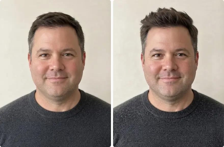 A man with a round face, before and after a textured quiff tried on his photo