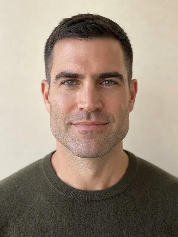 A man in his late thirties with a square face and short hair