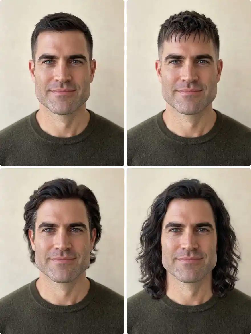 The same man in his late thirties with a square face in a crew cut, a textured crop, a bro flow and long waves