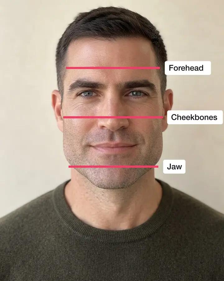A man with a square face, lines across his forehead, cheekbones and jaw