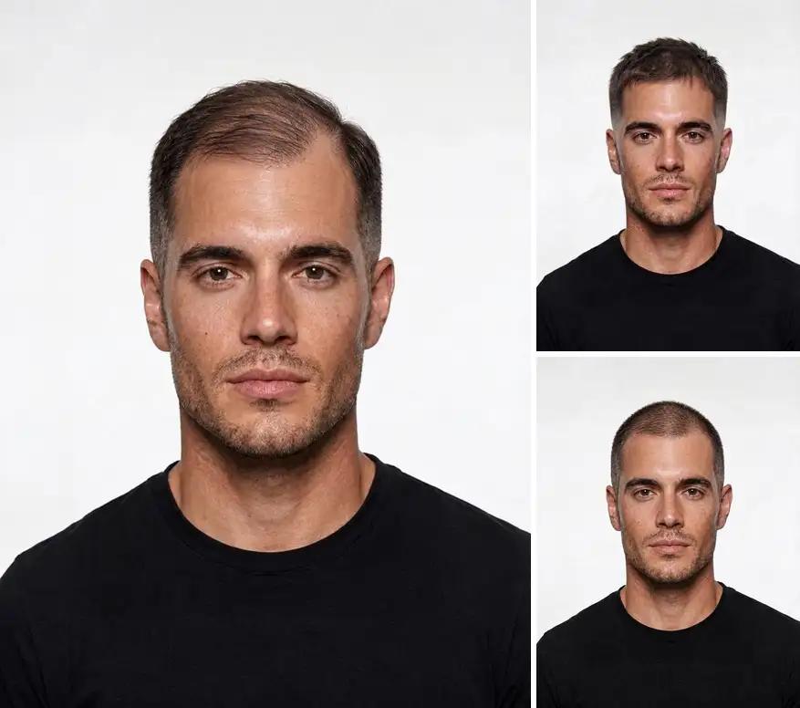 A man with thinning hair on top, then the same man with a short textured crop and a buzz cut