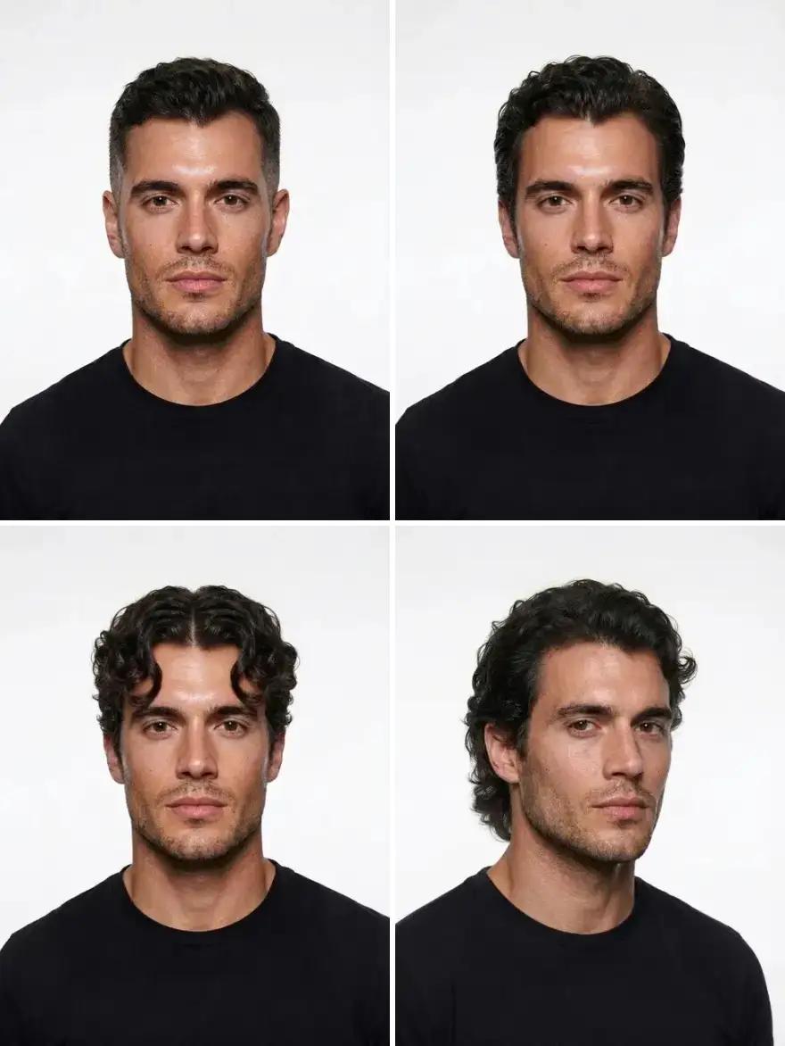 The same man with wavy hair in a crew cut, a brush back, curtain hair and a bro flow
