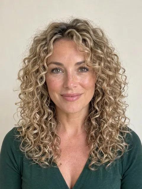 The same woman with curly hair