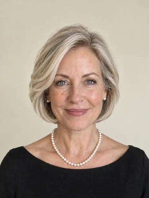 The same woman with a soft layered bob at the jaw