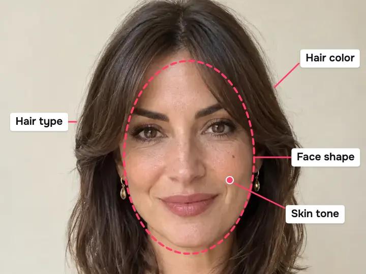 A woman's selfie with her face shape outlined and her hair type, hair color and skin tone marked