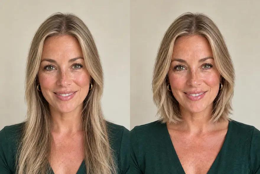 The same woman with thin, flat long hair, and with a fuller-looking layered bob