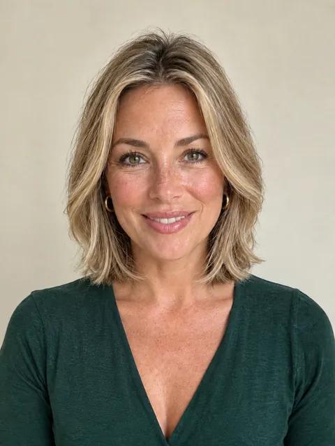 A woman in her forties with a layered bob