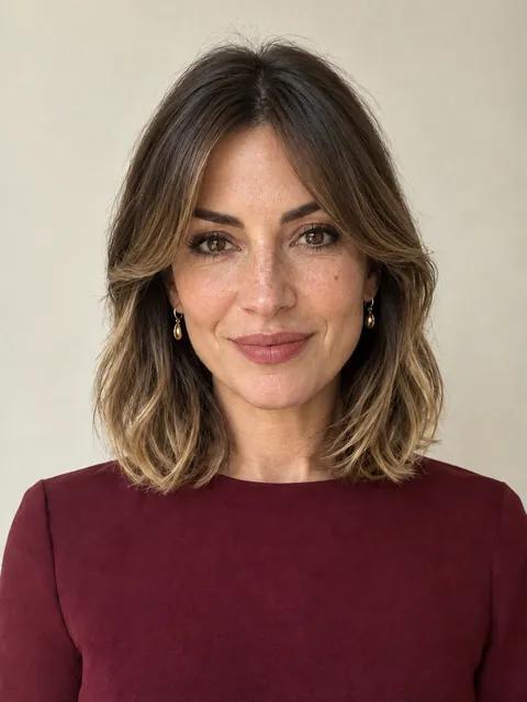 A woman in her forties with honey balayage on a brown lob