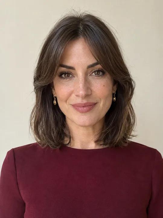A woman in her forties with a shoulder-length brown lob and soft curtain bangs