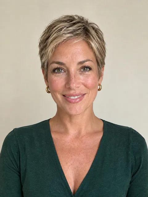 A woman in her forties with a classic pixie