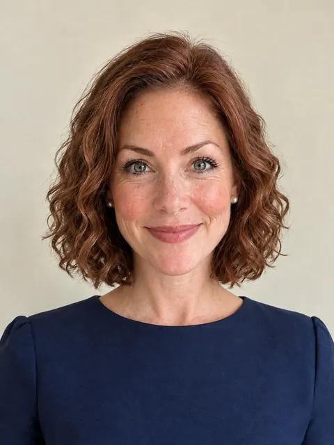 A woman in her forties with a curly bob