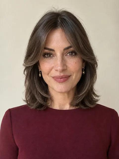 A woman in her forties with a face-framing layers