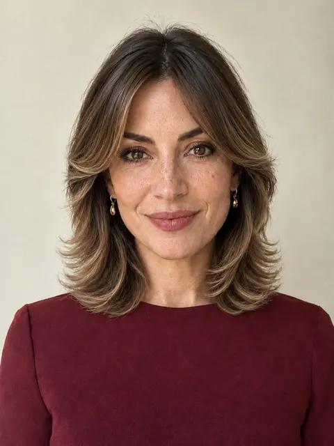 A woman in her forties with a feathered layers