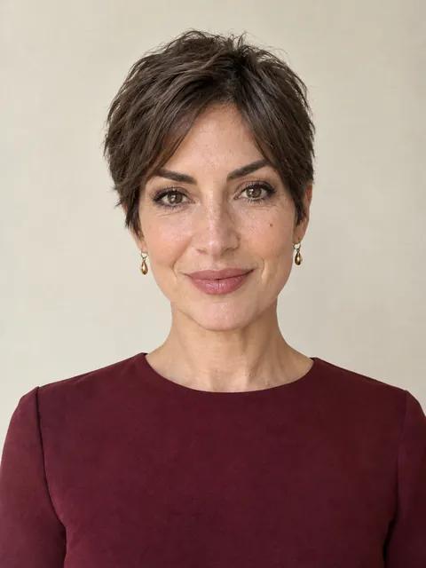 A woman in her forties with a textured pixie