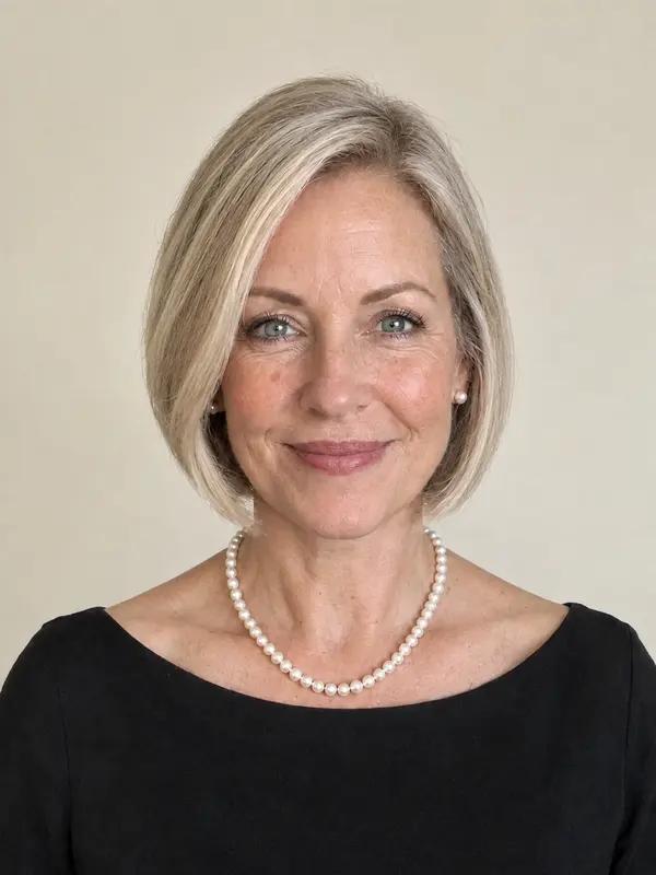The same woman with an angled bob, longer at the front