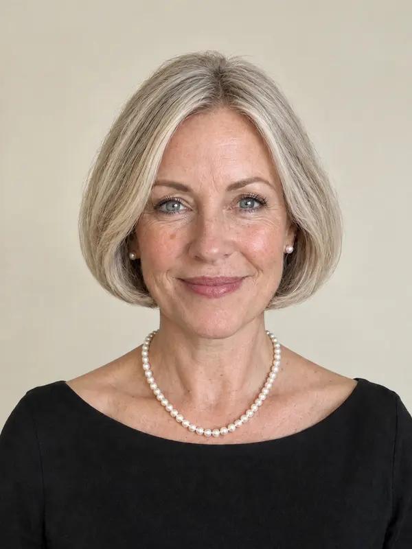 A woman in her fifties with a round bubble bob that ends at the cheeks