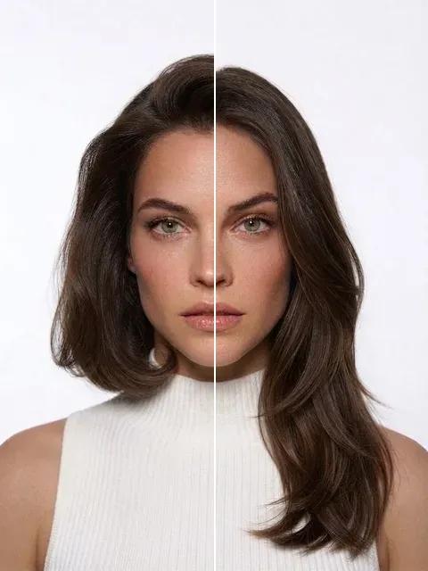 One woman shown half with a full Italian bob that adds width and half with long layers that add length