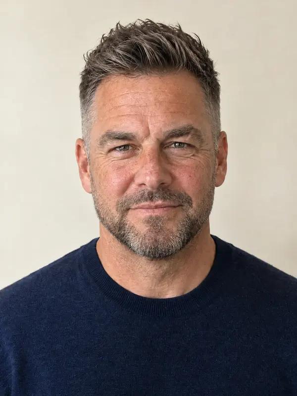 The same man with a textured quiff and a beard short at the cheeks, fuller at the chin