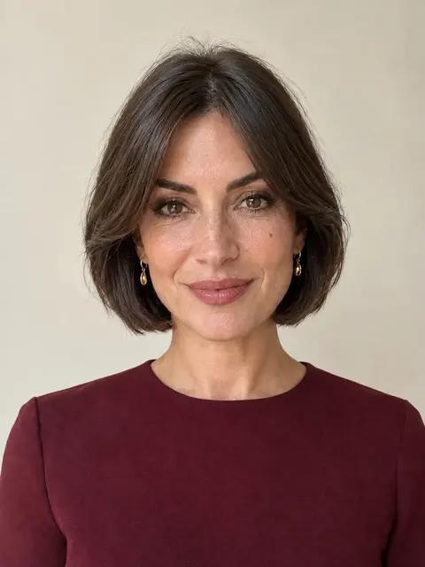 A woman with a French bob made by an AI try-on, her own hair texture and light