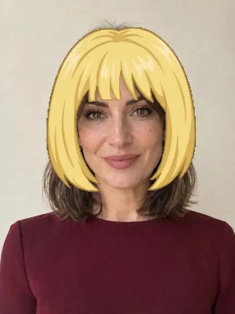 The same woman with a flat fake bob from a live filter pasted over her hair
