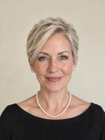 A woman in her fifties with a soft textured pixie cut
