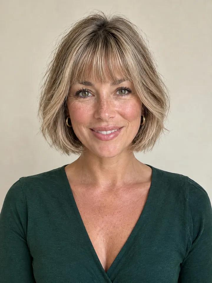 The same woman with a chin-length bob and bangs