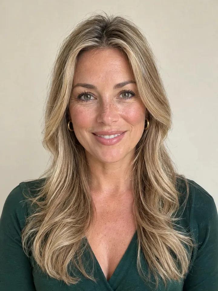 A woman in her forties with long honey-blonde layers