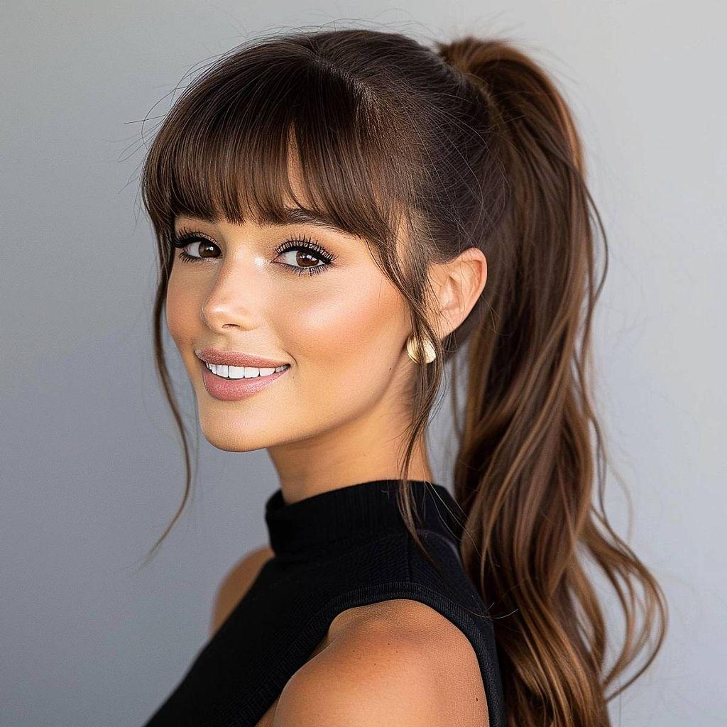 High Ponytail with Blunt Bangs hairstyle