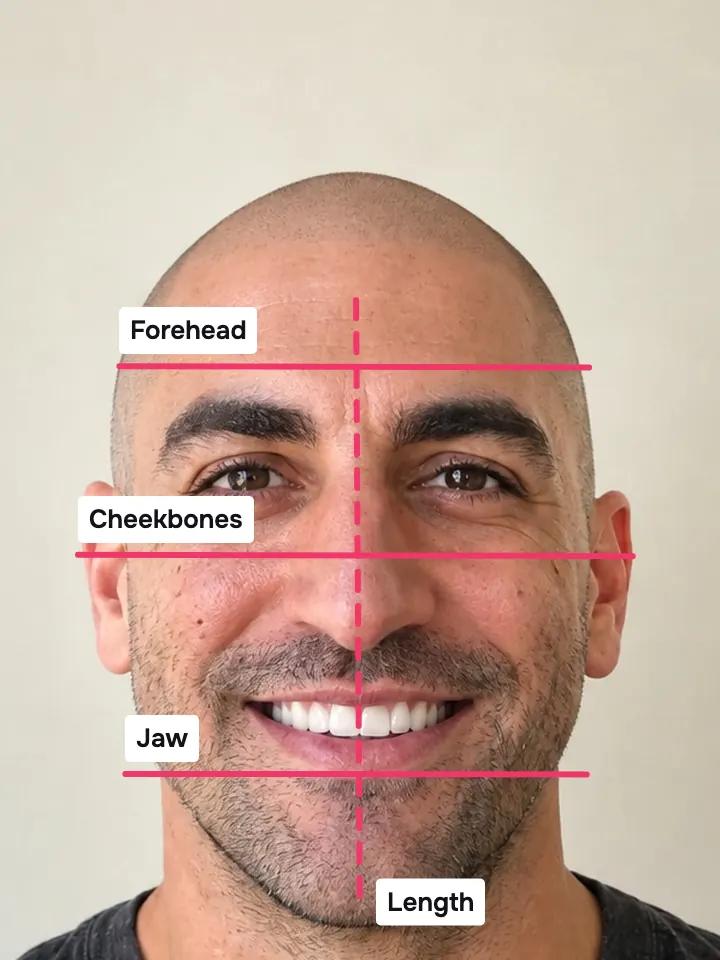 A shaved head with four lines: forehead, cheekbones, jaw and face length