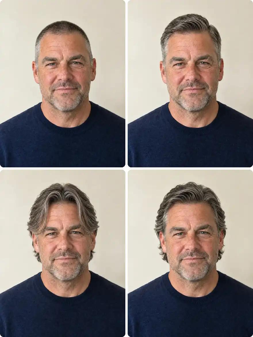 The same man in his fifties with an oval face in a buzz cut, a side part, a middle part and a bro flow