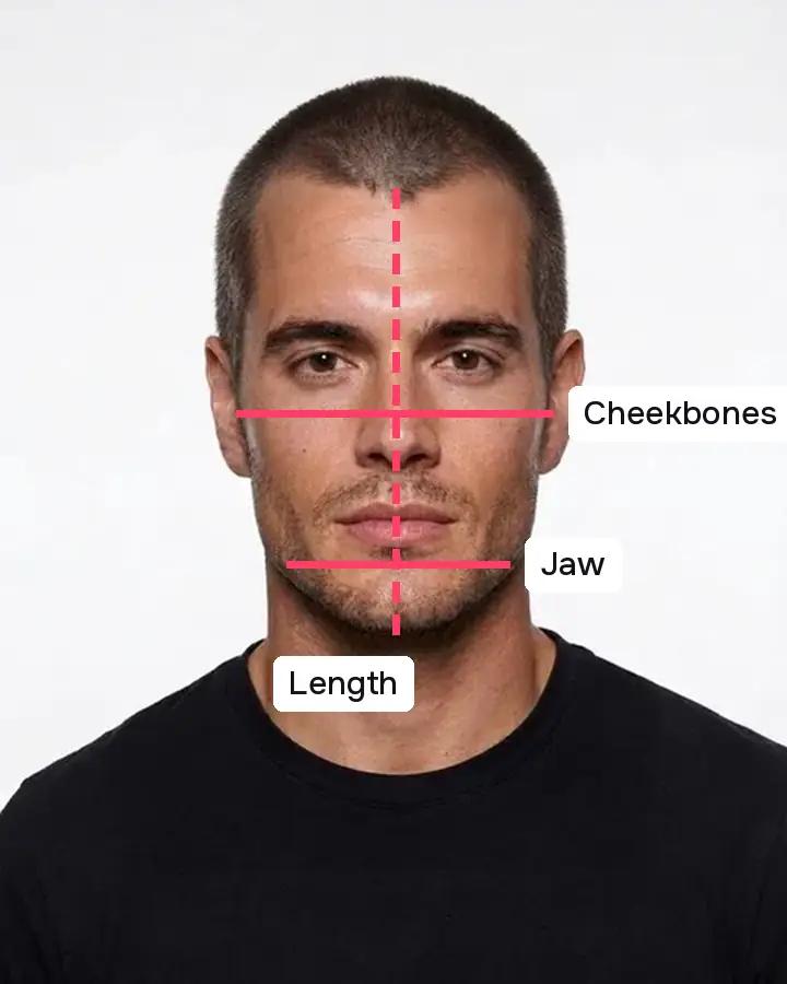 A man with an oval face, lines across his cheekbones and jaw and from hairline to chin